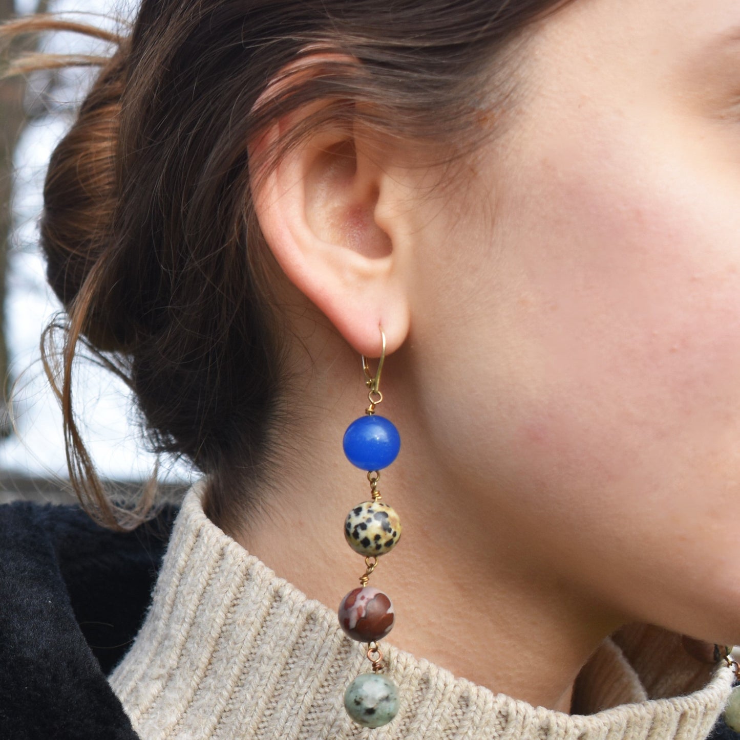Area Blue Aventurine, Dalmatian Jasper, Mookaite and Sesame Jasper Yellow gold vermeil or 18k gold earrings