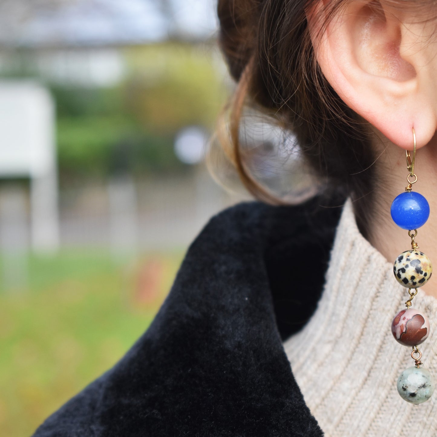 Area Blue Aventurine, Dalmatian Jasper, Mookaite and Sesame Jasper Yellow gold vermeil or 18k gold earrings