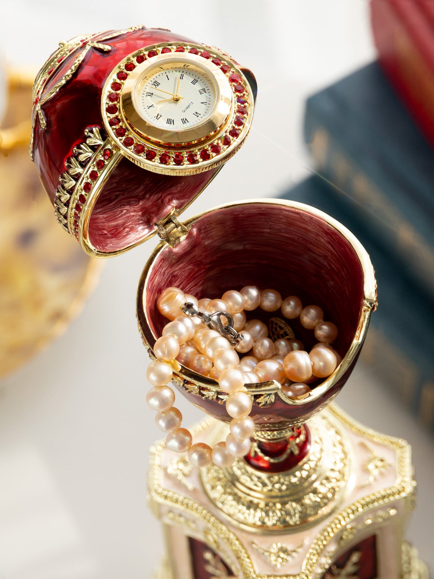 Area Red Faberge Egg with a Pearl and a Clock